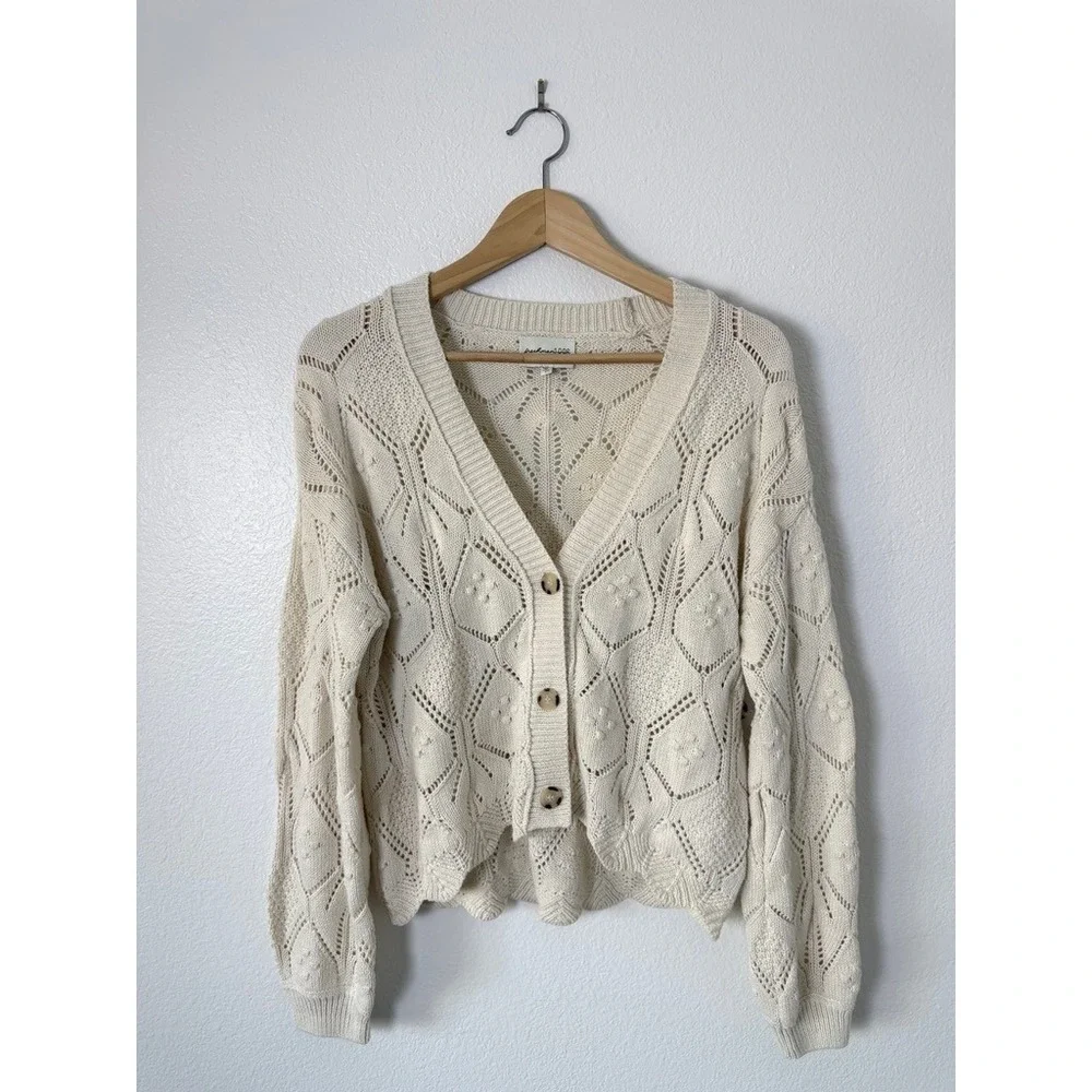 Freshman 1996 Cream Open Knit Cardigan Scalloped Hem Balloon Sleeve Size Small - Picture 3 of 8